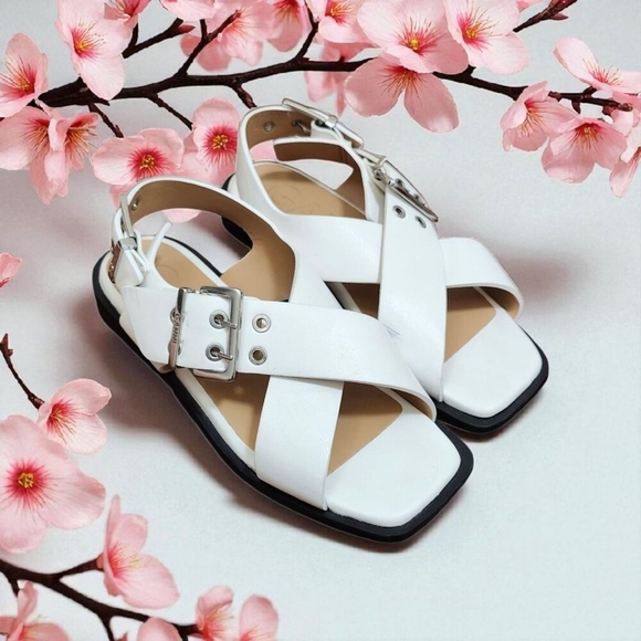 Ganni White Leather Criss Cross Sandals Square Toe Buckle Slingback Sz 40 / 10 - Picture 1 of 15